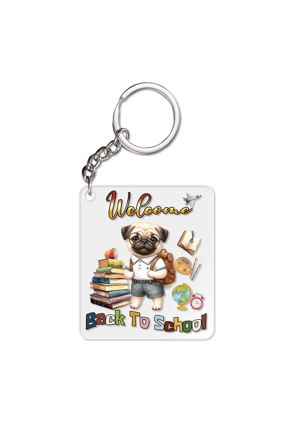 Welcome Pug Back to School Vintage Retro Acrylic Keychain Dog Lover Gifts Collar Charm Tag Keyring - 02012
