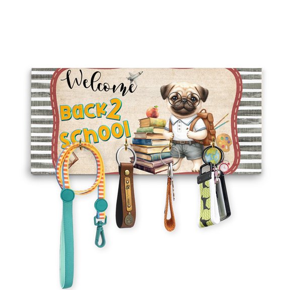 Welcome Pug Back to School Vintage Retro Wood Key Holder Dog Lover Gifts Wall-mounted Key Rack Home Decor - 02012
