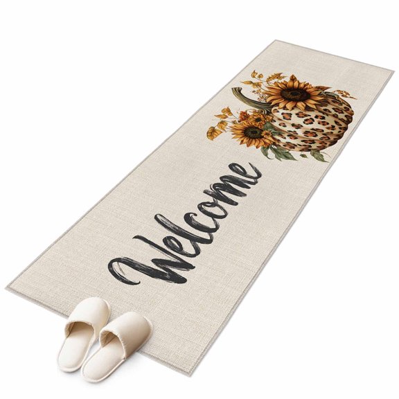 Welcome Pumpkin Area&nbsp;Rug 2x6ft Brown Sunflower Leopard Print Pumpkin Linen Texture Non-Slip&nbsp;Washable Square&nbsp;Rugs Soft Felt Indoor Floor Mat for Bedroom Kitchen Living Room Bathroom
