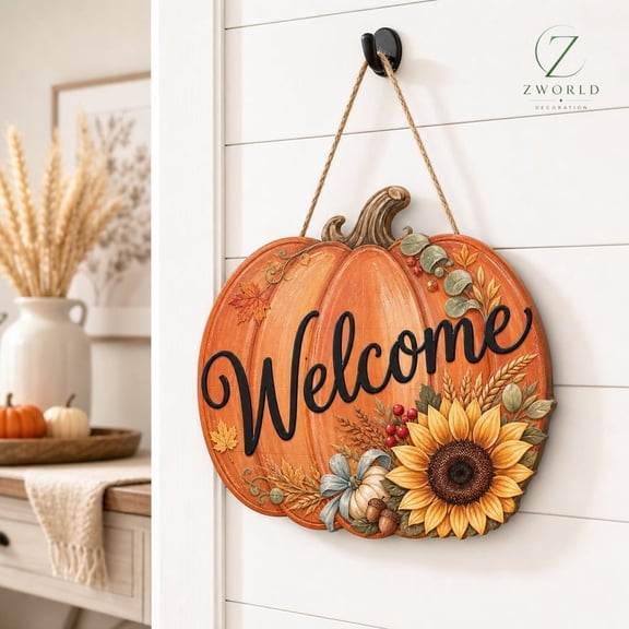 Welcome Pumpkin Door Hanger Autumn Sunflower Wood Sign Fall Floral Porch Decor Rustic Thanksgiving Seasonal Farmhouse Home Art TD-0722-PH9W
