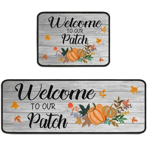 Welcome To Our Pumpkin Patch Gray Kitchen Rugs Set 2Pcs Non-Slip Kitchen Rug and Mat Waterproof Comfort Kitchen Standing Area Mat for Kitchen Floor Doormat Outdoor Harvest Decor 17"x48"+17"x24"