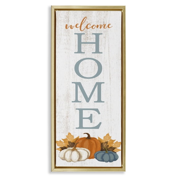 Stupell Industries Welcome Pumpkins & Maple Leaves Gold Framed Floater Canvas Wall Art, design by Dogwood Portfolio, 25 x 11
