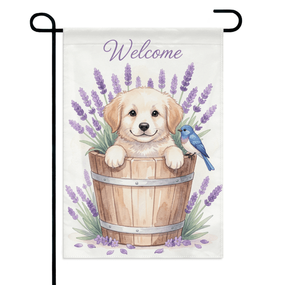 Welcome Puppy Bird Floral Garden Flag 12×18in Double Sided Watercolor Lavender Spring Outdoor UV Protected Decor For Outdoor Porch Lawn Patio Yard Home