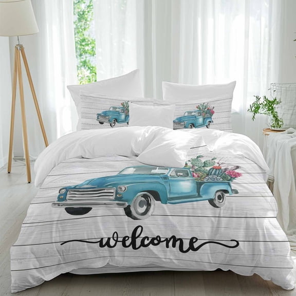 Welcome Queen Size Comforter Set, Summer Car with Cactus Succulents Grey Wood Grain Bedding for All Seasons, 4 Pcs Bed Set, 1Quiltcover (90"x92") ,1Sheet(94"x116"), 2Pillowcases (30"x20")