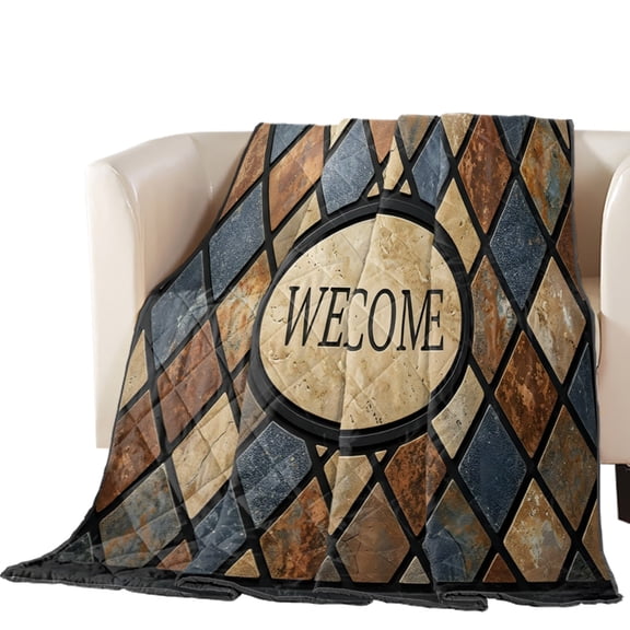 Welcome Quilted Comforters Cooling Blanket Queen Size, Vintage Rustic Amber Blue Diamond Mosaic Stone Cold Comfort for Hot Sleepers Lightweight Air Conditioning Quilt Blanket for Bed