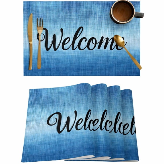 Welcome Quote Dark Blue Gradient Placemats Set of 4,Wipeable Washable Table Mats for Dining Tables,Summer Watercolor Style Place Mats for Kitchen Event Party Tabletop Decor
