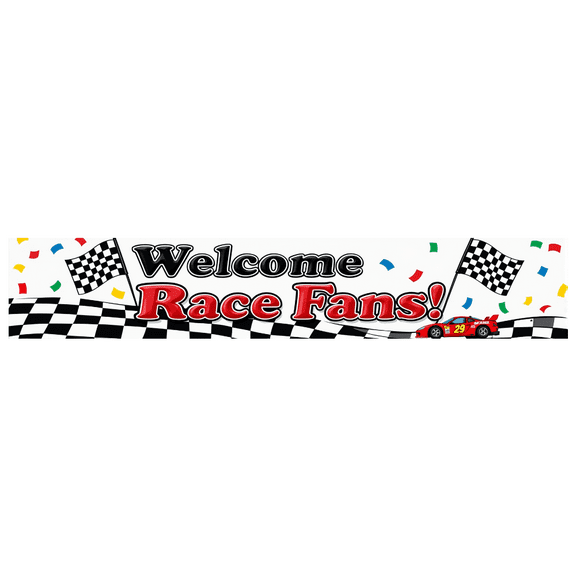 Welcome Race Fans Banner with Checkered Flags and Confetti Race Themed Backdrop Party Decorations for Racing Events Car Shows Fan Gatherings Race Parties