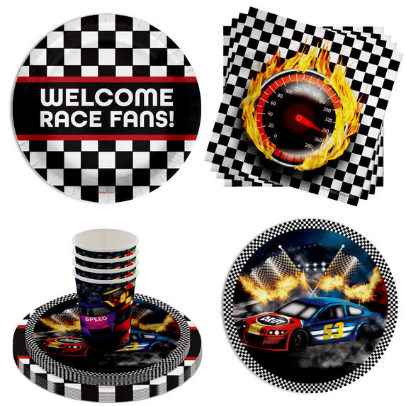 Welcome Race Fans Race Day Party Supplies - Racing Checkered Flag Birthday Party Supplies 64 Piece Tableware Set Includes Large 9" Paper Plates Dessert Plates, Cups and Napkins Kit for 16