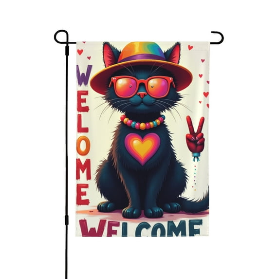 Welcome Rainbow Black Cat Small Decorative Garden Flag, Gay Lesbian Pet Love Heart Yard Lawn Pride Month Outside Decor, Bisexual Pansexual Outdoor Home Decoration Double Sided 12 X 18