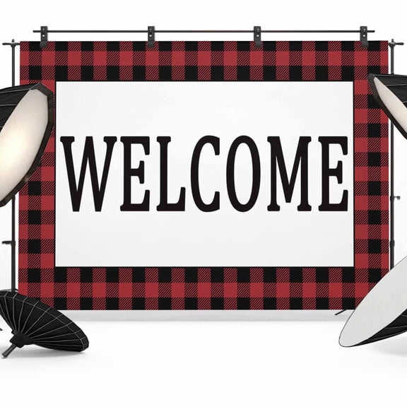 Welcome Red Backdrop for Photography, Black Buffalo Check Plaid Photo Backdrop Portrait Background Party Banner Photo Backgrounds for Studio Booth Props, 10x8ft