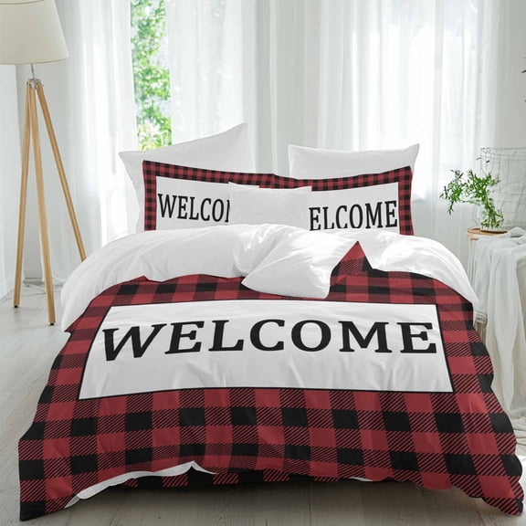 Welcome Red Duvet Cover Set King Size, Black Buffalo Check Plaid 4 Piece Soft Microfiber Bedding Set with 1 Duvet Cover, 1 Flat Sheet, 2 Pillowcases