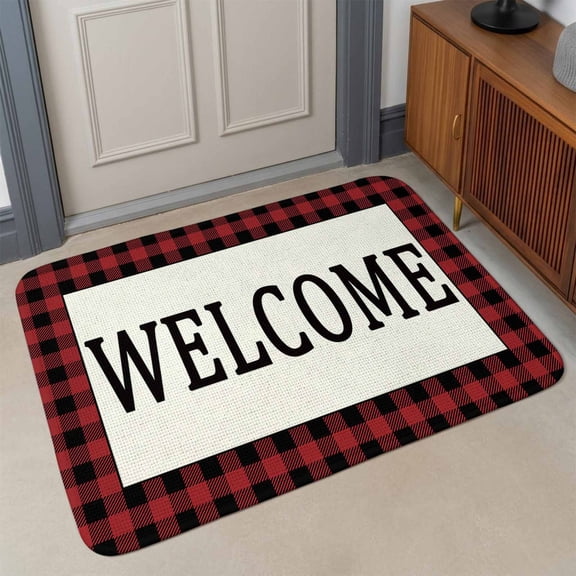 Welcome Red Front Door Mat Indoor Entrance, Black Buffalo Check Plaid Absorbent Dirt Resist Welcome Mats Non-Slip Low-Profile Doormat Washable Entry Rug Indoor Outdoor 17x30 Inch