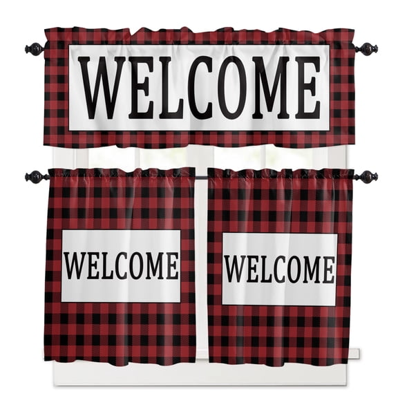 Welcome Red Kitchen Curtains Valances and Tiers Set of 3, 24 Inch Length Tier Curtains and Valance Rod Pocket Valance Curtains Set for Kitchen Bathroom Small Windows
