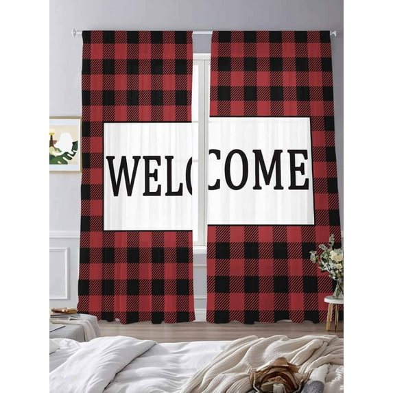 Welcome Red Sheer Curtains 96 inches Long 2 Panels Set Black Buffalo Check Plaid Tiers Sheers Rod Pocket Small Window Short Curtains for Kitchen Cafe, Each 52" W x 96" L