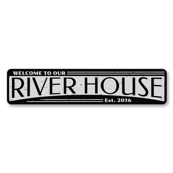 Welcome River House Est Date Aluminum Metal Decor Sign - 4x18 inches