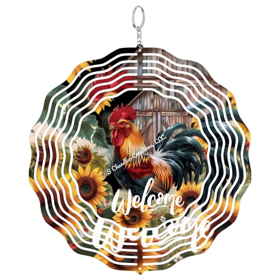 Welcome Rooster Farmhouse 3D Wind Spinner, Chicken Farm Animal Art, Rustic Country Garden Decor