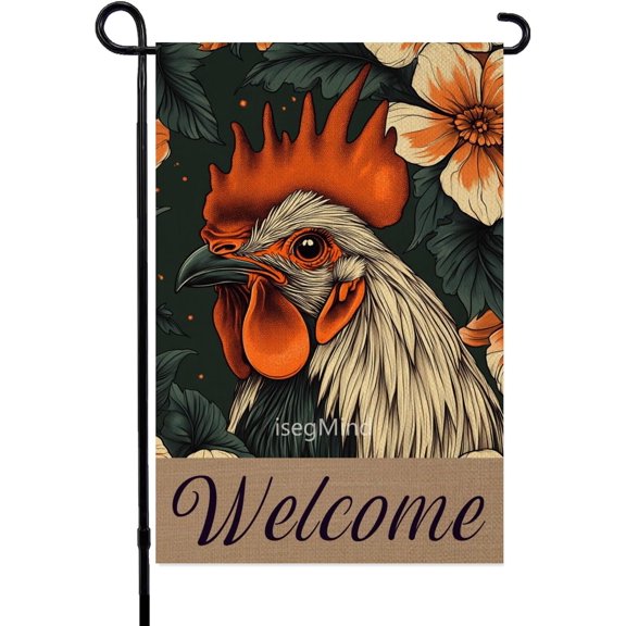 Welcome Rooster Garden Flag 12x18 Double Sided, Burlap Small Flower Garden Yard House Flags Outside Outdoor Summer Porch Lawn Decoration Yard Flag (9985)