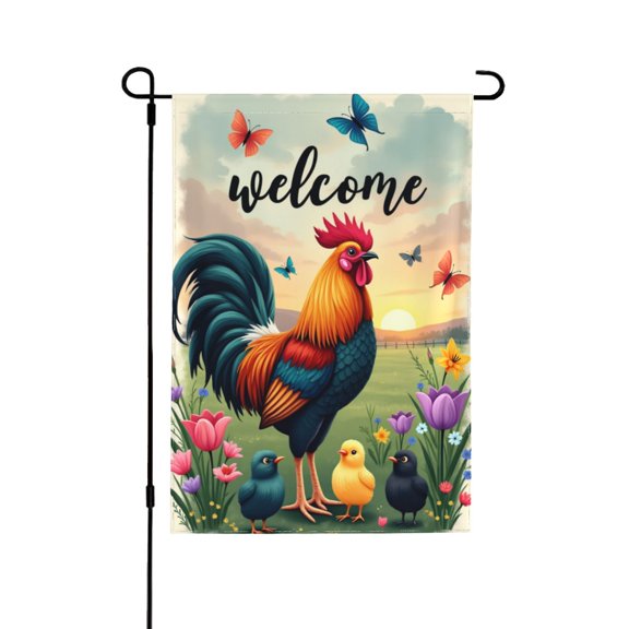 Welcome Rooster Garden Flag 12x18 Inch Double Sided Spring Summer Farmhouse Yard Decor Rooster Chicks Flowers Butterfly Outdoor Decoration
