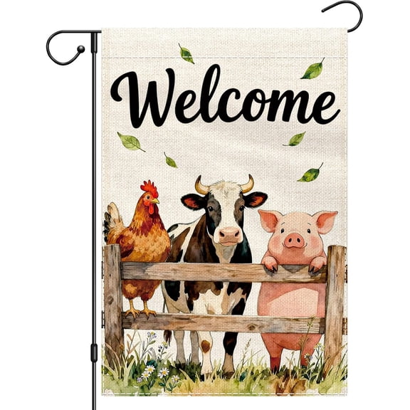 Welcome Rooster Pig Cow Garden Flag 12x18 Double Sided Burlap Farm Animals Rustic Farmhouse Outdoor Decor (ONLY FLAG)