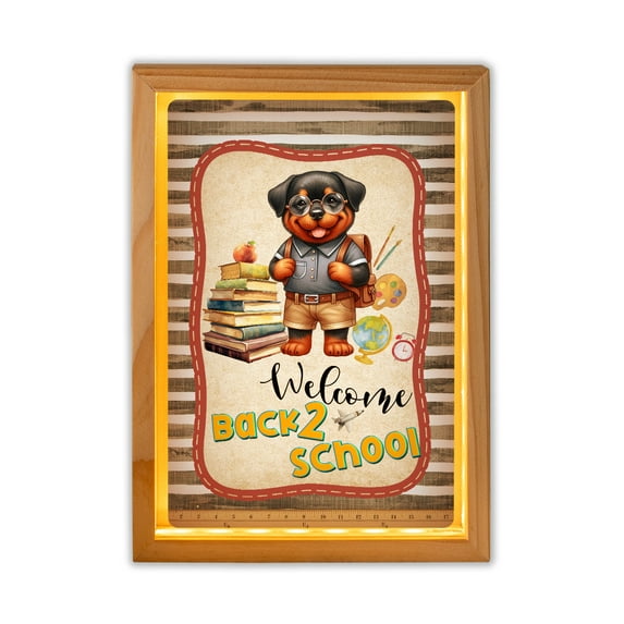 Welcome Rottweiler Back to School Vintage Retro Acrylic Plaque with Wood Photo Frame Box Rottie Dog Lover Gifts Idea Light Box - 02012