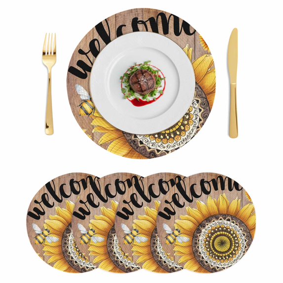 Welcome Round 13 Inch Placemats Set of 4, Summer Sunflowers Bohemia Floral Rustic Brown Wood HeatResistant Non Slip Place Mats for Dining Table, Wipeable Braided Kitchen Table Mats for Housewarming