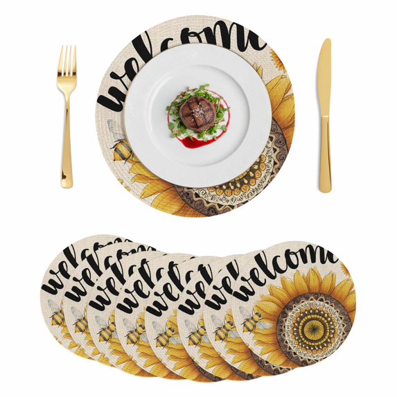 Welcome Round 13 Inch Placemats Set of 8, Summer Sunflowers Bohemia Floral Rustic Beige HeatResistant Non Slip Place Mats for Dining Table, Wipeable Braided Kitchen Table Mats for Housewarming