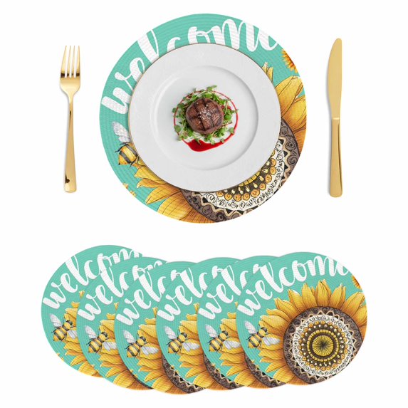 Welcome Round 15 Inch Placemats Set of 6, Summer Sunflowers Bohemia Floral Country Teal Green HeatResistant Non Slip Place Mats for Dining Table, Wipeable Braided Kitchen Table Mats for Housewarming