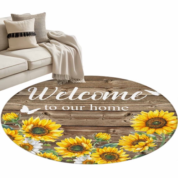 Welcome to Round Area Rug 3ft Our Home Wood Grain Farmhouse Sunflowers Butterfly Non-Slip Washable Circle Rugs Soft Felt Indoor Floor Mat for Bedroom Kitchen Living Room Bathroom