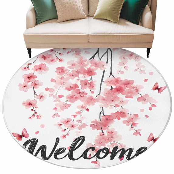 Welcome Round Area&nbsp;Rug 5ft Spring Watercolor Gradient Pink Cherry Blossom Flowers Butterfly Non-Slip&nbsp;Washable Circle Rugs Soft Felt Indoor Floor Mat for Bedroom Kitchen Living Room Bathroom