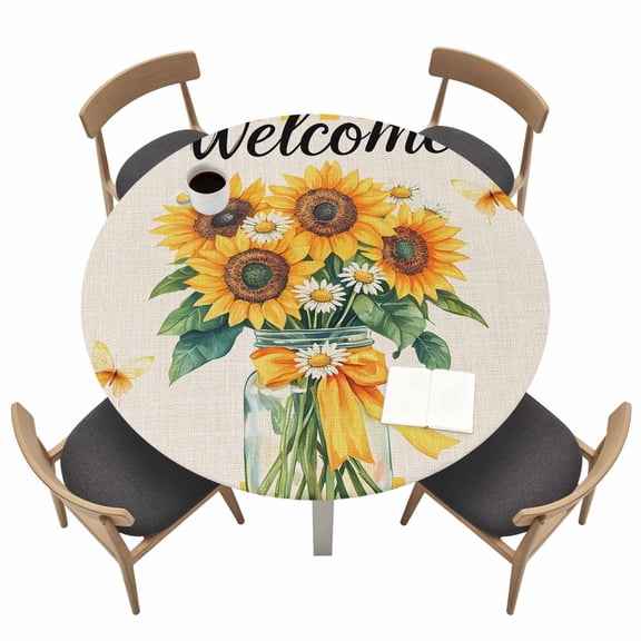 Welcome Round Fitted Tablecloth with Elastic Edge Sunflowers Daisy Butterfly Yellow Check Linen Texture Table Cover Fit for 36"-44" Tables Waterproof Tablecloths for Dinner Camping Picnic