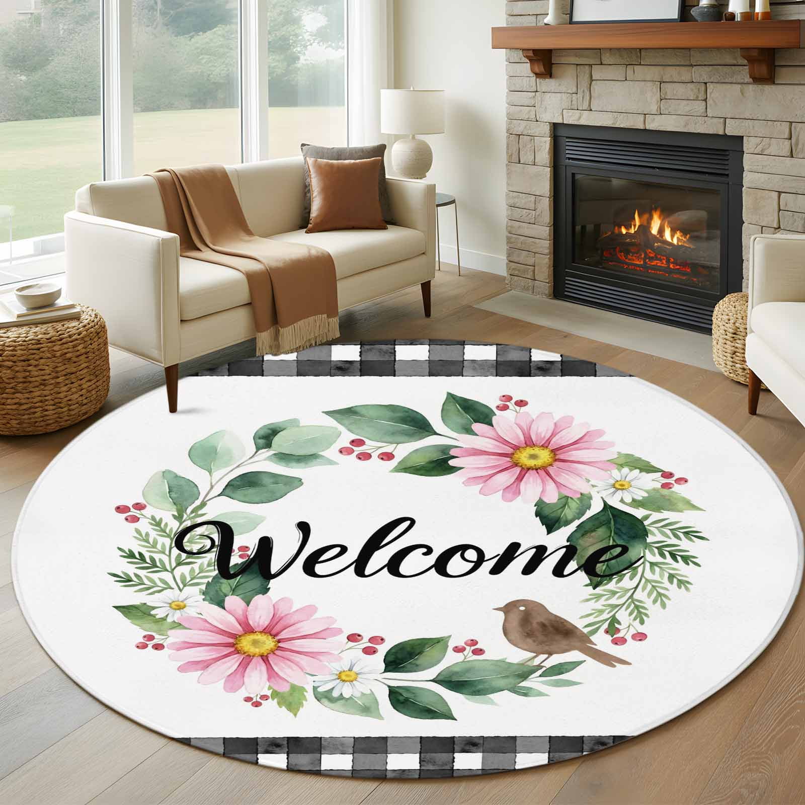 Welcome Round Living Room Rugs 6 ft, Vintage Pink Floral Leaf Wreath ...