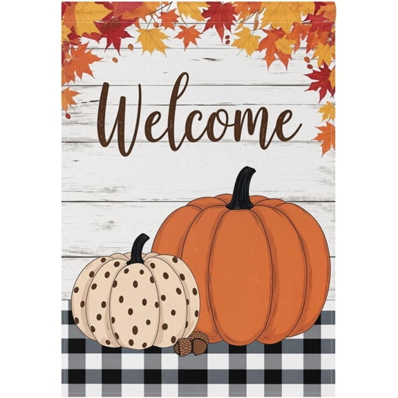 Welcome Rustic Pumpkin Garden Flag 12 x 18 Double Sided Fall Autumn Polka Dots Pumpkins Plaid Wooden House Yard Flags Outdoor Indoor Seasonal Banner Thanksgiving Harvest Farmhouse Country Decor