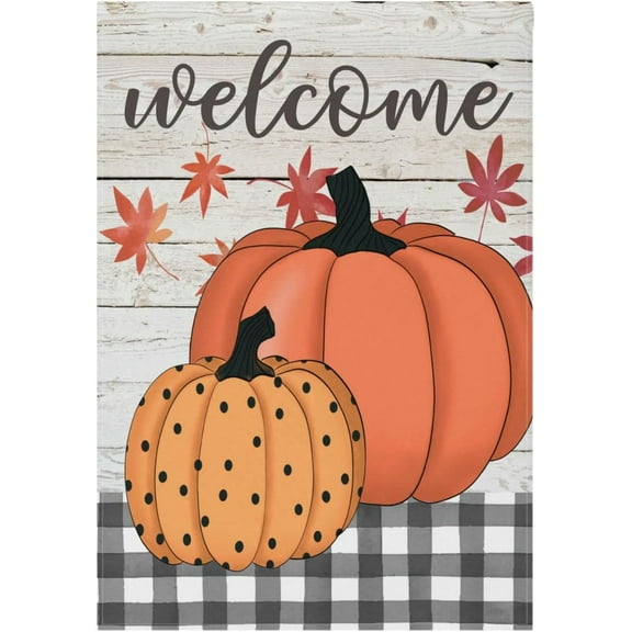 Welcome Rustic Pumpkin House Flag 28 x 40 Double Sided Fall Autumn Polka Dots Pumpkins Plaid Wooden Garden Yard Flags Outdoor Indoor Seasonal Banner Thanksgiving Harvest Farmhouse Country Decor