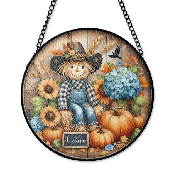 Welcome Scarecrow Hay Bale Stained Glass Style Suncatcher, UV Printed Glass, Fall Harvest Farm Decor, Round