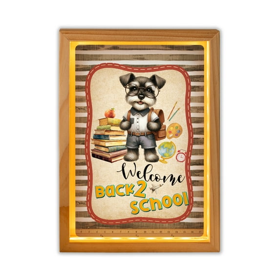 Welcome Schnauzer Back to School Vintage Retro Acrylic Plaque with Wood Photo Frame Box Miniature Schnauzer Dog Lover Light Box - 02012