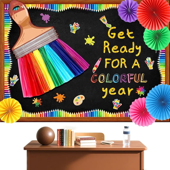 Welcome to School Bulletin Board Decorations, Art Classroom Door Decor Set Crayon Border Rainbow Brush Fans of School Painting Paper Cutouts for Bulletin Board Wall Party Supplies