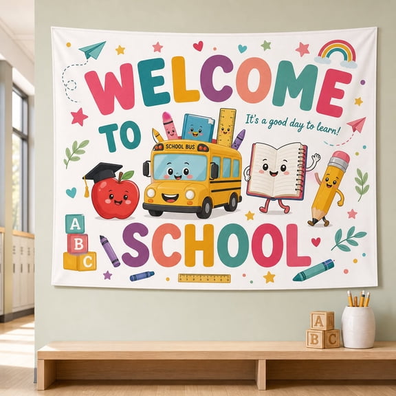 Welcome School Tapestry Classroom Wall Hanging with Pastel School Icons