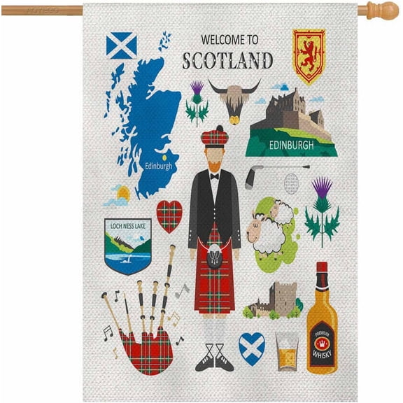 Welcome to Scotland House Flag 28 x 40 Inch Large Vertical Double Sided Travel Collection Scotsman Kilt Icon Map Thistle Seasonal Outside Décor for Garden Yard Farmhouse Flags