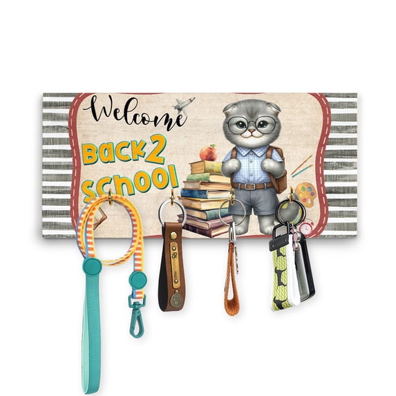 Welcome Scottish Fold Back to School Vintage Retro Wood Key Holder Cat Lover Kitten Owner Gifts Wall-mounted Key Rack Home Decor - 02012