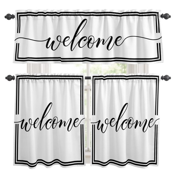 Welcome Script Kitchen Curtains and Valances Set, Black Double Lined Frame Scandi Modern Minimalist 3 Piece Curtains Valances and Tiers Set Rod Pocket for Kitchen Bathroom Windows 24 Inch