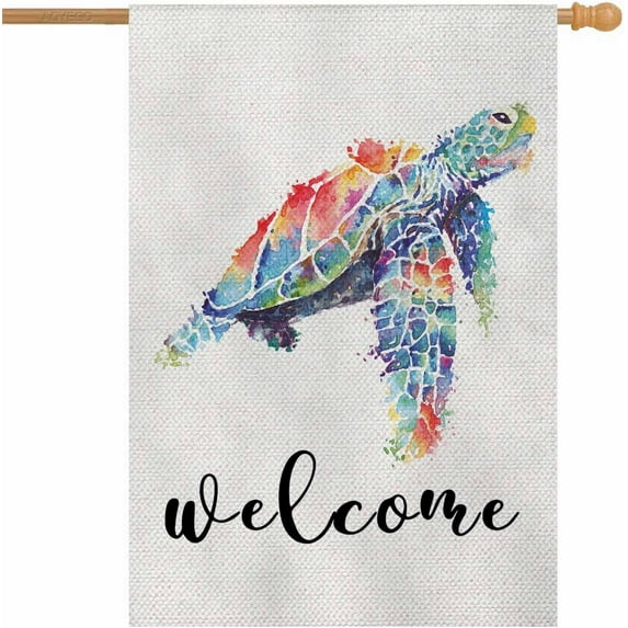 Welcome Sea Turtle House Flag Vertical Double Sided Burlap Watercolors Sea Creatures Underwater World Farmhouse Yard Outdoor Seasonal Flags Decoration 28 x 40 Inches