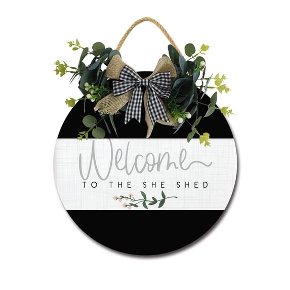 Welcome To The She Shed Front Door Sign Funny Wreaths Hanging Wooden Plaque Decoration Round Rustic Wood Farmhouse Porch Decor for Home Front Door Decor, 12 x 12 Inch