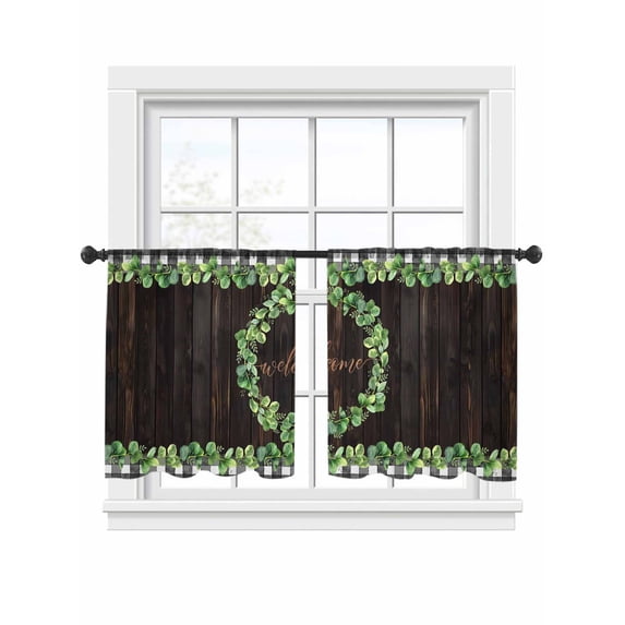 Welcome Sheer Curtains 2 Panels Set Spring Eucalyptus Leaf Plaid Farmhouses Brown Wood Sheer Window Curtains Light Filtering Rod Pocket Voile Drapes for Bedroom Living Room 52"x54"