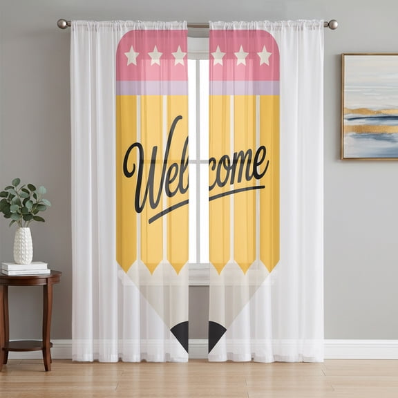 Welcome Sheer Curtains 72 Inches Long, Pink Yellow Star Pencil Writing Light Filtering Window Curtains for Living Room/Bedroom, Rod Pocket Voile Sheer Curtain Drapes, 52"W x 72"L, 2 Panels