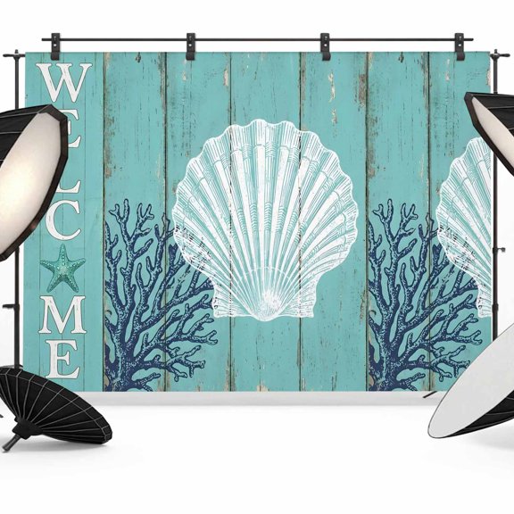 Welcome Me Shell Photography Backdrop 7x5FT, Summer Ocean Blue Coral Starfish Green Wood Grain Photo Backdrops, Background for Photography Studio Photo Studio Background, Back Drop for Photoshoot
