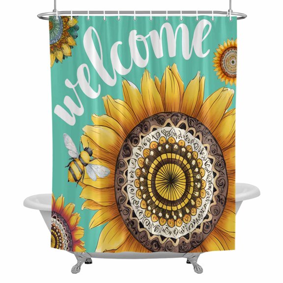 Welcome Shower Curtain for Bathroom, Summer Flowers Watercolor Sunflower Cartoon Bee Bohemia Waterproof Cloth Fabric Bathroom Accessories Set with 12 Rust Proof Plastic Hooks, 72"x72"