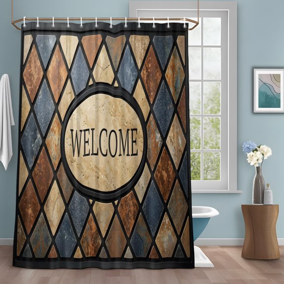 Welcome Shower Curtain with Hooks, Vintage Rustic Amber Blue Diamond Mosaic Stone Water Repellent Shower Curtains for Bathroom Decor Sturdy Shower Curtain, Machine Washable 36x72 Inch