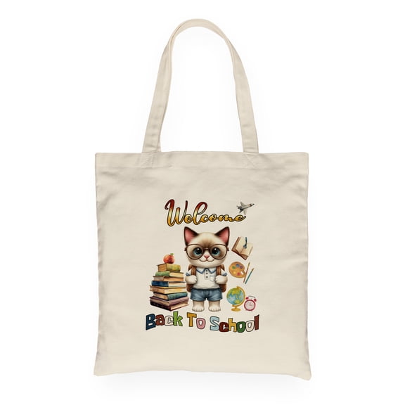 Welcome Siamese Back to School Vintage Retro Canvas Tote Bag Cat Lover Kitten Owner Gifts Reusable Shopping Grocery Bag - 02012