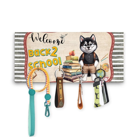 Welcome Siberian Husky Back to School Vintage Retro Wood Key Holder Husky Dog Lover Gifts Wall-mounted Key Rack Home Decor - 02012