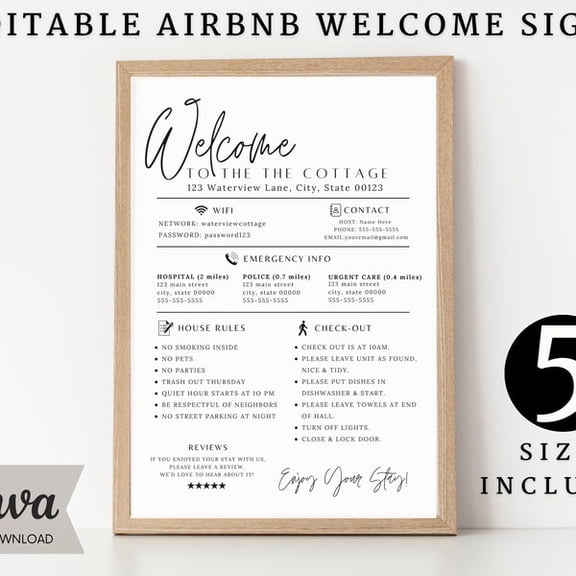 Welcome Sign for Airbnb Hosts, Vacation Rental Printable, Guest Arrival Poster, Template for VRBO, Things to Know, Beach House Rules, Wifi, Unframed Paper Poster 8x10in